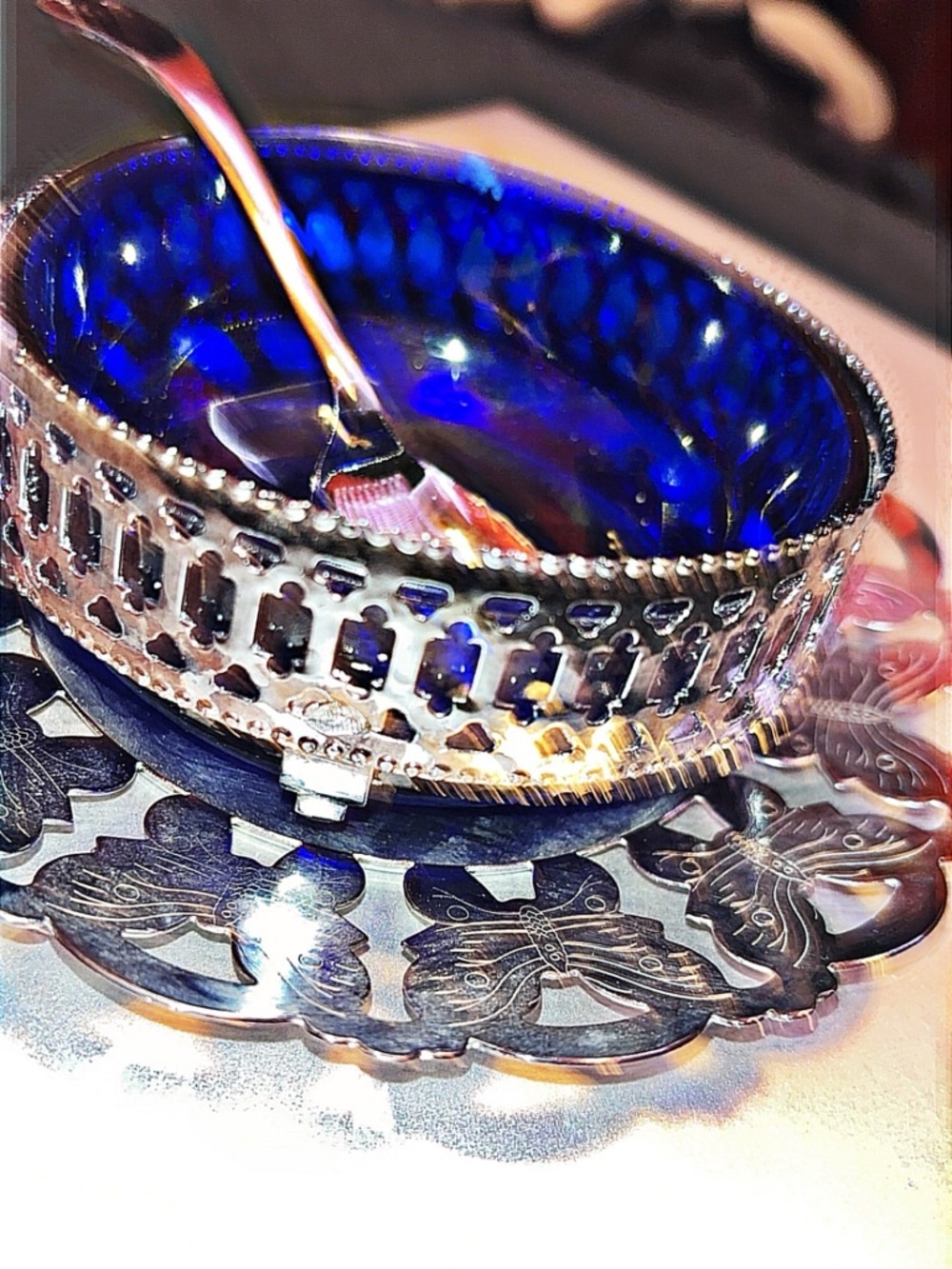 Vintage sugar bowl Cobalt Blue Glass sugar Cellar with Silver-Tone Metal Holder